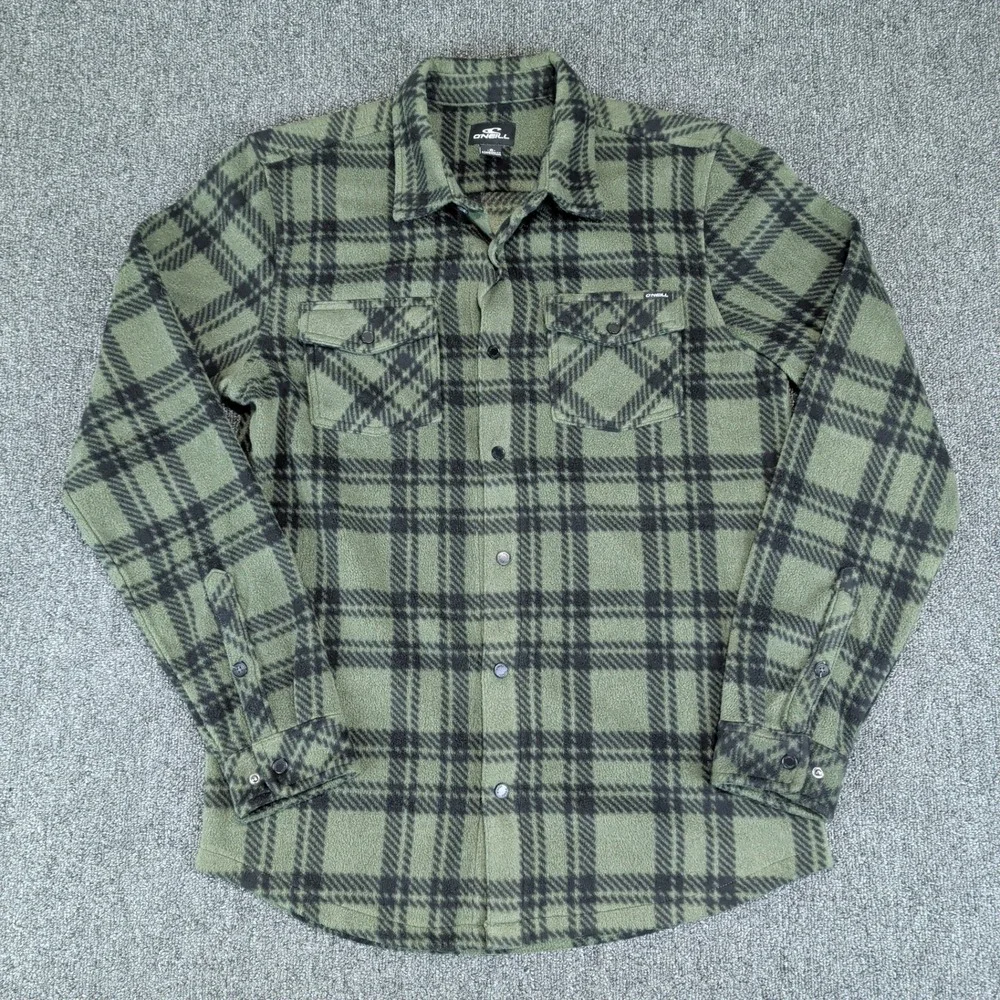 O'Neill Gorpcore Plaid Fleece Shirt Jacket Mens Small Green Snap Front Shacket